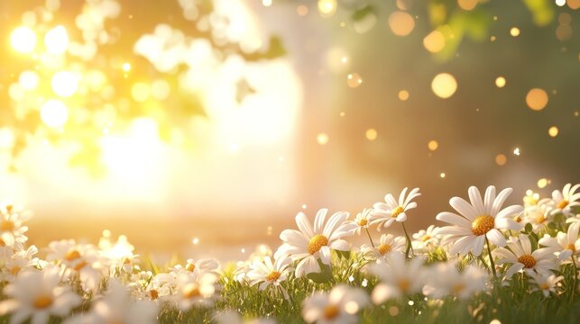 74.A romantic, softly focused field of wildflowers, white daisies and tiny blossoms glowing under golden sunlight, gentle breeze moving through the petals, exuding warmth and nostalgia
