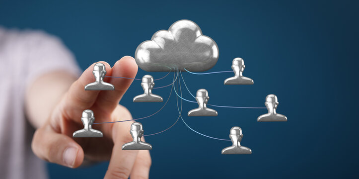 Abstract image showing cloud computing and data connection concept with human-shaped icons connected to a cloud