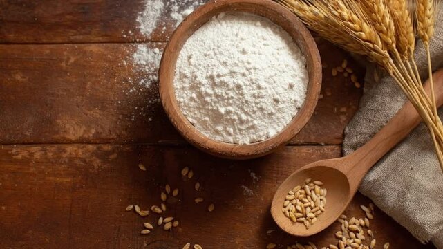 This inviting overhead shot captures essential baking ingredients laid out on a rustic wooden surface, creating a warm, artisanal ambiance. A round wooden bowl overflows with finely milled white flour
