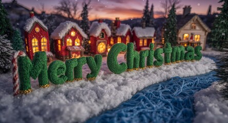 Merry Christmas typography in snowy village with falling snowflakes. 