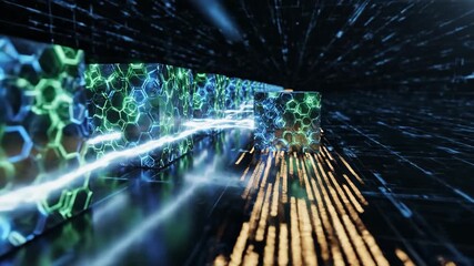 Abstract digital data flowing through a futuristic blockchain server core with glowing hexagonal structures, representing secure network processing and advanced computing concepts - Powered by Adobe