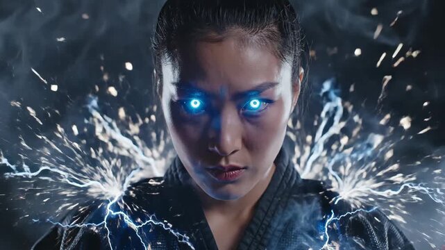 Asian woman with glowing blue eyes wearing a martial arts uniform, radiating intense energy with smoke and lightning surrounding her, symbolizing supernatural strength and powerful abilities