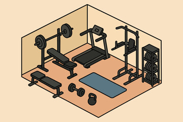 Isometric view of a home gym with various exercise equipment
