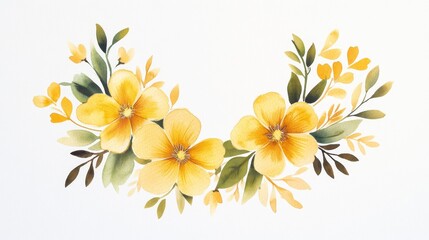 14.Handcrafted watercolor floral wreath with radiant yellow blossoms, gently fading foliage, and subtle golden highlights, ideal for stylish wedding stationery and artistic prints.