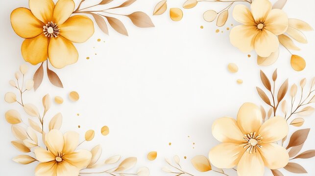 14.Handcrafted watercolor floral wreath with radiant yellow blossoms, gently fading foliage, and subtle golden highlights, ideal for stylish wedding stationery and artistic prints.