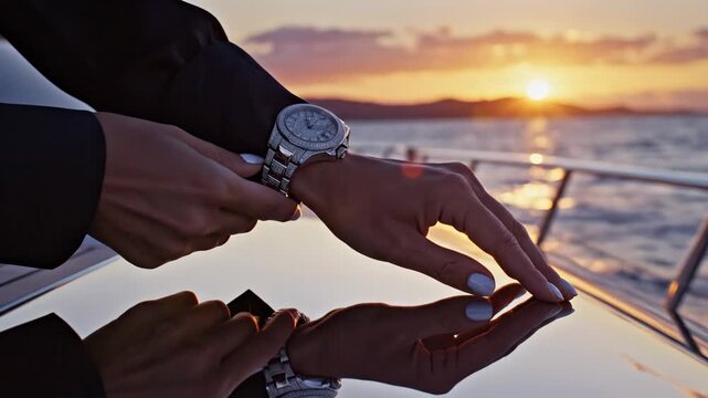 Woman's hands adjusting a diamond-studded luxury watch on wrist while relaxing on a private yacht deck, reflecting the glowing sunset over the calm ocean water