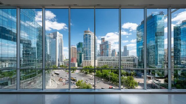 Urban Panorama: A modern architectural marvel offers a panoramic view of a bustling city skyline, with gleaming skyscrapers reaching for a bright, cloud-filled sky. 