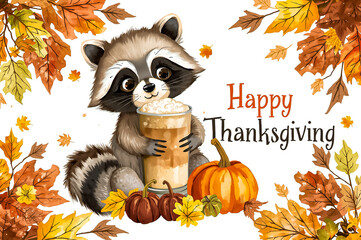 The cartoon raccoon hugging e latte glass with pumpkins and colorful autumn leaves.