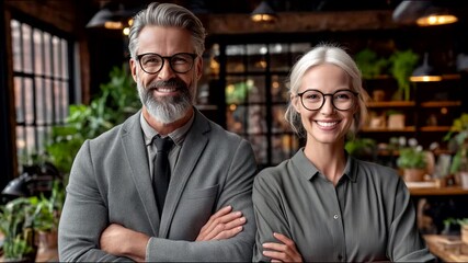 Two confident retail business owners posing together smiling in their shop.