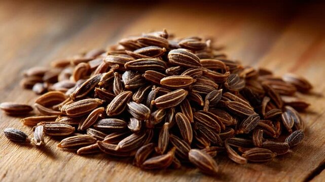 Cumin Seeds: A pile of aromatic cumin seeds, captured in sharp detail, inviting viewers to savor the rich essence of this culinary staple.
