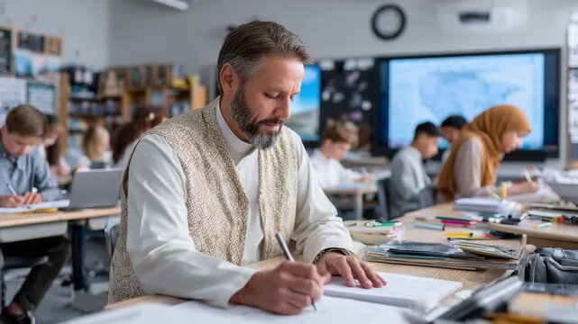 Classroom Focus: An inspiring scene of a teacher and students engaged in learning, with the teacher focused on work at his desk, surrounded by pupils, a digital display in the background. - Powered by Adobe