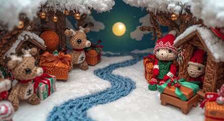 Cute Christmas reindeer parade through snowy handmade village.