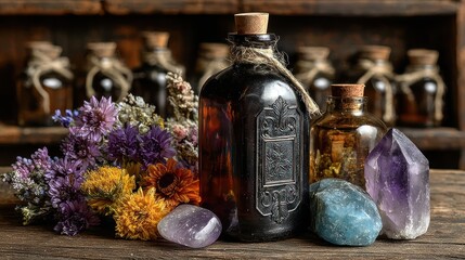 Bottles of oils and crystals, with dried flowers, sit on a wooden surface