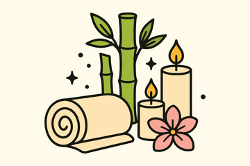 Relaxing spa elements with bamboo candles and rolled towel