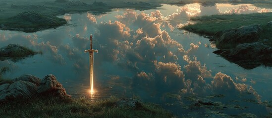A glowing sword, plunged into a reflective lake under a cloudy sky