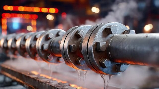 Industrial Pipeline in Focus: A detailed image of industrial pipeline elements, featuring interconnected flanges and sections, all gleaming under the intense heat and steam of the factory environment.