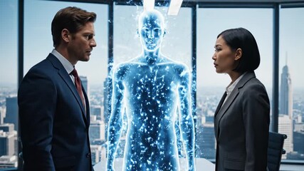 Two diverse business professionals engaging in a heated discussion or negotiation. Standing opposite each other in a contemporary executive boardroom with a city skyline visible through large windows - Powered by Adobe