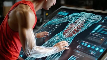 Athlete's Anatomy: A focused athlete analyzes a detailed anatomical model on a large interactive screen, demonstrating the convergence of fitness and technology. - Powered by Adobe