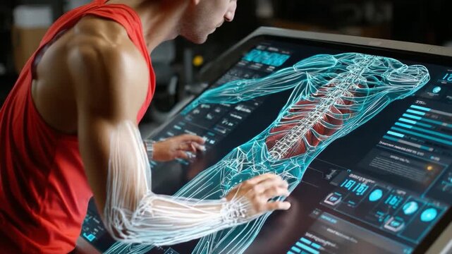 Athlete's Anatomy: A focused athlete analyzes a detailed anatomical model on a large interactive screen, demonstrating the convergence of fitness and technology. - Powered by Adobe