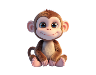 A cheerful cartoon monkey with big eyes and a smile sitting on a white background in a 3D render.