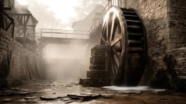 A misty medieval scene featuring a waterwheel, stone structures, wooden bridges, and a flowing stream
