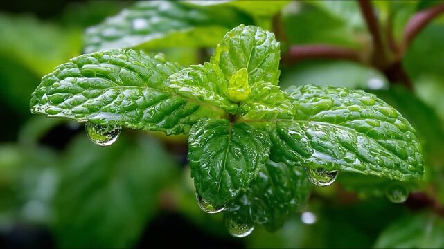 Mint Leaf Dewdrop: A close-up shot of a vibrant green mint leaf, adorned with glistening dewdrops, highlighting the freshness and natural beauty.