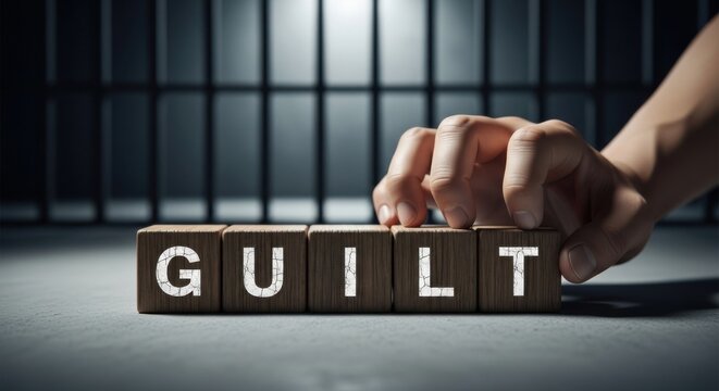 Guilt concept with wooden blocks spelling the word hand placing the blocks representing remorse and legal consequences
