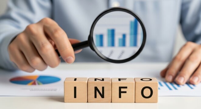 Analyzing business data with a magnifying glass examining charts and graphs for strategic planning and insights