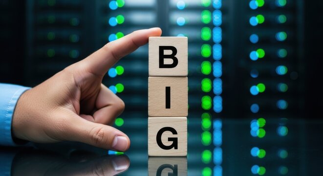 Hand stacking wooden blocks spelling BIG concept for big data technology and business server room background