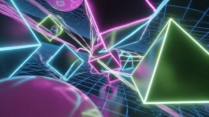 Neon-lit 3d geometric shapes—cubes, spheres, pyramids—hover above a reflective blue wireframe grid in a dark, retro-futuristic cyberspace, vibrant synthwave scene - Powered by Adobe
