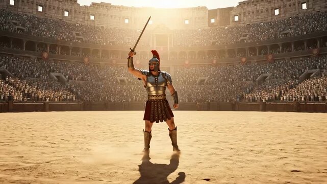 A roman gladiator warrior enters a coliseum arena for battle. The fighter raises his sword in victory to a cheering crowd. Ancient history and strength concept