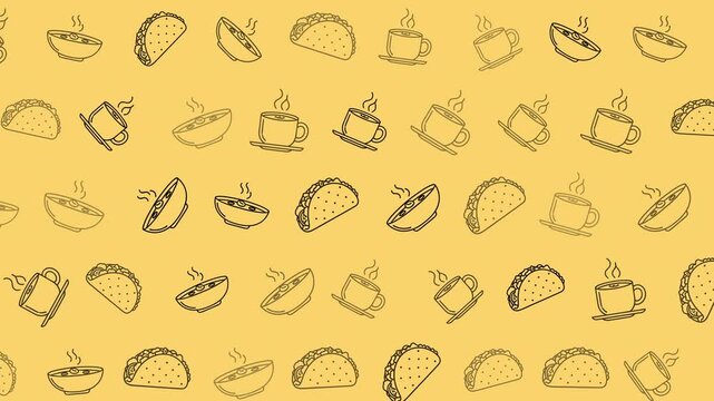 A repeating pattern of hand-drawn tacos and steaming cups of coffee on a yellow background.