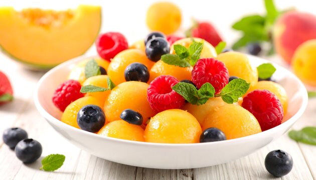 A white bowl of fresh fruit salad with melon balls, berries and mint on a wooden table - Powered by Adobe