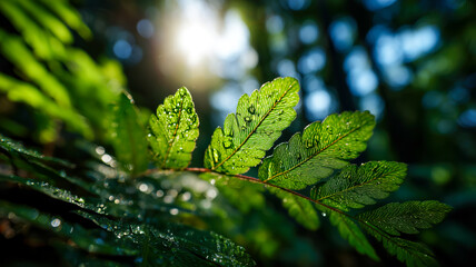 A close-up shot captures the intricate details of a fern leaf adorned with water droplets, bathed in the soft glow of sunlight.