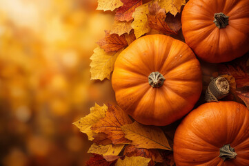 Top view of pumpkins with autumn leaves on bright orange background, a symbol of Thankgiving day.
