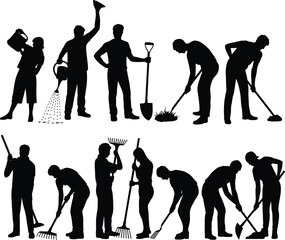 Gardening and landscaping silhouettes, people with tools, outdoor maintenance, black shapes, manual labor, nature care, silhouette illustration, garden work, rural activity, tool usage