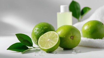 Fresh limes display with leaves and a green liquid bottle on a light surface