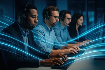 Tech Support Team: A dedicated tech support team, donned with headsets, is hard at work, providing essential customer service while lines of digital information flow by them.