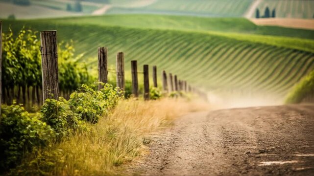 A picturesque country road, lined with wooden posts and lush vegetation, leading to a vineyard