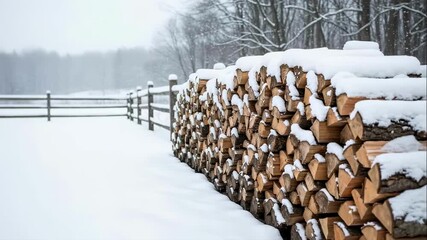 Stack of firewood covered in snow on a cold winter day. Rural landscape with a woodpile prepared for heating. Natural fuel concept with copy space - Powered by Adobe