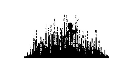 Silhouette of conductor with binary code representing data orchestration and digital transformation
