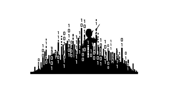Silhouette of conductor with binary code representing data orchestration and digital transformation - Powered by Adobe