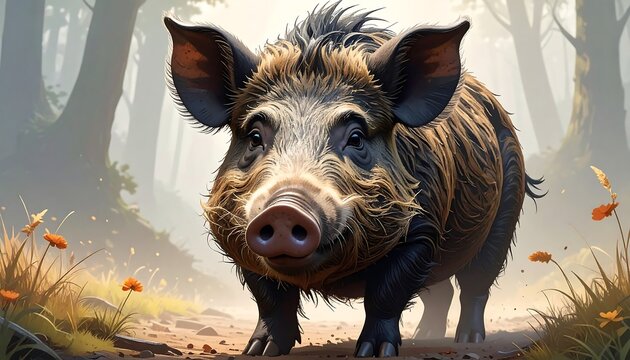 A wild boar poses frontally on a woodland path amid dappled light and scattered flora