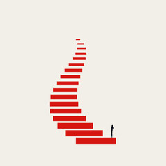 Vector illustration of a businesswoman silhouette standing at the bottom of a high winding staircase, symbolizing ambition, career challenges, and the long path to success.