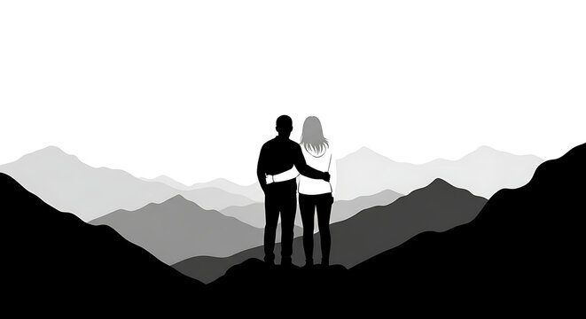 Silhouette of couple embracing looking at mountain range in monochrome scenic landscape view outdoors