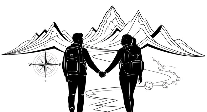 A couple hiking towards mountains holding hands with a compass and geometric shapes on the trail