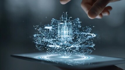 Specialist programmer man hand interacting with glowing cube on tablet. Abstract digital data in virtual reality. Futuristic network connection technology. - Powered by Adobe