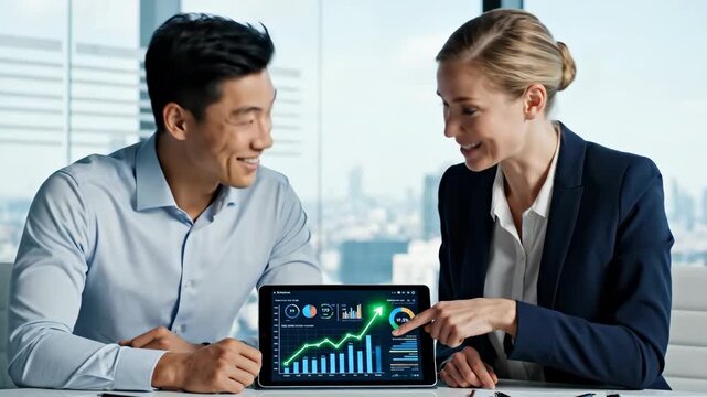Diverse business professionals reviewing market analytics and financial statistics on a digital tablet, collaborating on strategy and planning in a modern office environment - Powered by Adobe