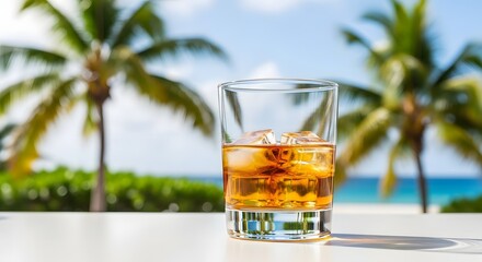 Glass of Whiskey with Ice on a Table with Palm Trees
