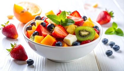 A vibrant fruit salad overflows from a white bowl on a textured white surface, showcasing fresh and juicy ingredients